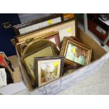 Box of various vintage framed prints, small watercolours etc