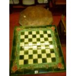 A MAJOLICA CHEQUER TILED TOP OCCASIONAL TABLE and one other, the tiles with rose decoration around a