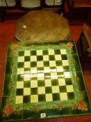 A MAJOLICA CHEQUER TILED TOP OCCASIONAL TABLE and one other, the tiles with rose decoration around a