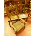AN EARLY 19th CENTURY LAMBING ARMCHAIR and two country oak farmhouse chairs, the highback lambing