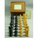 A J JAQUES 'STAUNTON' EBONY & BOXWOOD CHESS SET in original sliding lid box with label, the Kings