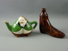 A FOLEY INTARSIO TEAPOT and a treacle glazed boot flask, the Wileman & Co statesman form teapot