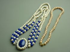 A TRIPLE NECKLACE PARTLY OF PEARLS & LAPIS and with a large oval pearl and lapis centre clasp and