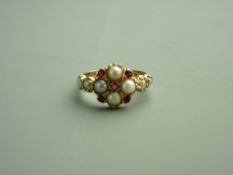 A FOURTEEN CARAT GOLD PEARL (six) & RUBY (five) DRESS RING, 3.2 grms