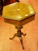 A VICTORIAN WALNUT HEXAGONAL WORK TABLE with sectional veneer burr walnut and crossbanded top having