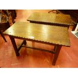 TWO RECTANGULAR RUSTIC STYLE OAK SIDE TABLES of peg joined construction, piecrust edging, the square