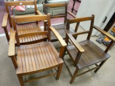 FOUR WOODEN BATTEN SEAT ARMCHAIRS, two with utility stamps, circa 1940s, two with George VI stamps
