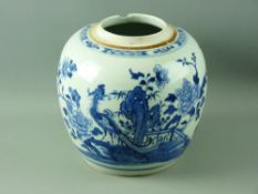 A CHINESE 18th CENTURY KANGXI PERIOD BLUE & WHITE GINGER JAR decorated with a Hoho bird amongst