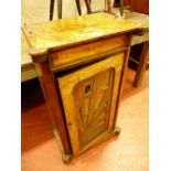 A VICTORIAN INLAID SINGLE DOOR MUSIC CABINET (in distressed condition), 96 cms high, 54 cms wide, 35
