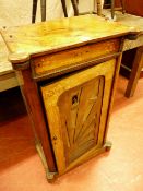 A VICTORIAN INLAID SINGLE DOOR MUSIC CABINET (in distressed condition), 96 cms high, 54 cms wide, 35