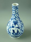 A SMALL BLUE & WHITE FLORAL & FIGURAL DECORATED NARROW NECKED ONION SHAPED VASE, early 19th Century,