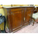 A CIRCA 1900 MAHOGANY TWO DOOR CUPBOARD having a rectangular top with moulded edge over twin