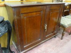A CIRCA 1900 MAHOGANY TWO DOOR CUPBOARD having a rectangular top with moulded edge over twin
