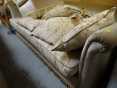 A good vintage gold dralon club-style sofa together with a matching footstool