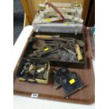 A small parcel of vintage tools, picture rail hooks, small aluminium toolbox, vintage foot pump etc