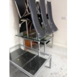 Glass topped chrome & steel extending dining table with six chrome & black leather effect high