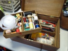 Vintage wooden sewing box & contents