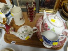 Small red ironstone platter, limoges jug, ruby & clear glass vase, teapot etc