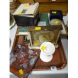 Tray of various items including marble & brass effect mantel clock, Royal Worcester pill-box table