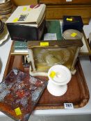 Tray of various items including marble & brass effect mantel clock, Royal Worcester pill-box table