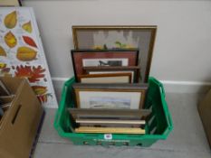 A box of framed prints & watercolours together with an embroidery including work by the Prince of