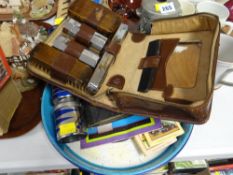 Two vintage circular commemorative trays, cased fishing flies, gents travel & grooming set etc