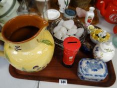 Continental stoneware jug, model eggs, pillar box money box etc