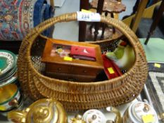 Vintage wicker shopping basket, jewellery box etc
