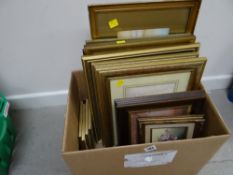 A box of various framed prints and watercolours