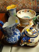 A Samford ware jug, blue & white jug, Staffordshire china teapots etc