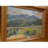 Welsh School oil on canvas - unknown artist, lowland farm with river & mountains in background,