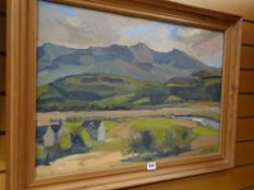 Welsh School oil on canvas - unknown artist, lowland farm with river & mountains in background,