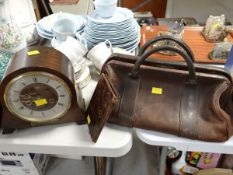 A vintage small leather Gladstone bag & wallet together with a vintage mahogany overmantel clock