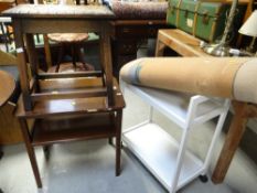 Small carved top oak stool, white painted tea trolley, modern rug etc