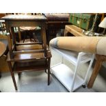 Small carved top oak stool, white painted tea trolley, modern rug etc