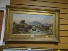 Early nineteenth century oil on canvas in a gilt frame of a Scottish Highland scene with bridge over