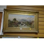 Early nineteenth century oil on canvas in a gilt frame of a Scottish Highland scene with bridge over