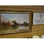 Modern framed oil on canvas of meandering river & riverbank, signed, together with a framed