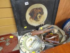 Royal Doulton Bayeux tapestry plate, cased binoculars, framed oil on board of a dog etc