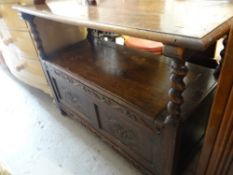 An oak monk's bench together with a Price Kensington jug corner stand