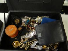 Jewellery box containing a collection of costume jewellery, wrist watches, cuff links etc