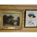 Early twentieth century gilt framed oil on board of a river scene with overlooking castle in