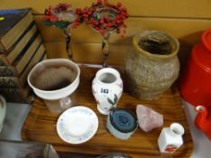 Small Portmeirion 'Botanic Garden' vase, glass candlesticks, specimen stones etc