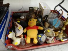 A crate of various household items including brass, glass bowls, ornaments etc