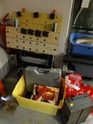 Two work benches, power drill, socket sets, other tools etc