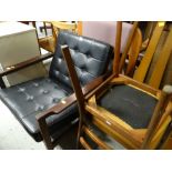 A vintage retro dark-wood framed leather effect buttoned cushion easy-chair together with two