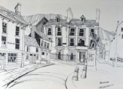 TOM HUTCHINSON print - town square entitled 'Aberdare', dated 1974, 30 x 40cms