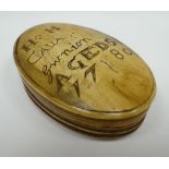 A HORN SNUFF BOX of oval form with sgraffito writing to the hinged lid as follows 'HH CAUA Gwnion