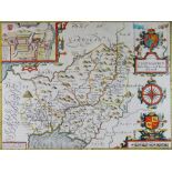 JOHN SPEED coloured and tinted antiquarian map of Carmarthenshire entitled 'Caermarden - Both