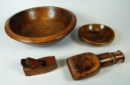 A PARCEL OF WELSH TREEN including a sycamore bowl with continuous turn decoration to the body, 23cms